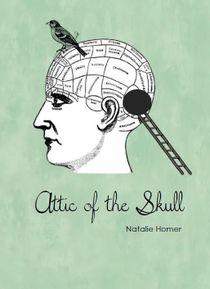Drawing of person's head with a bird sitting on the top and a ladder coming out of a hole in the back, with text: Attic of the Skull, Natalie Homer. 